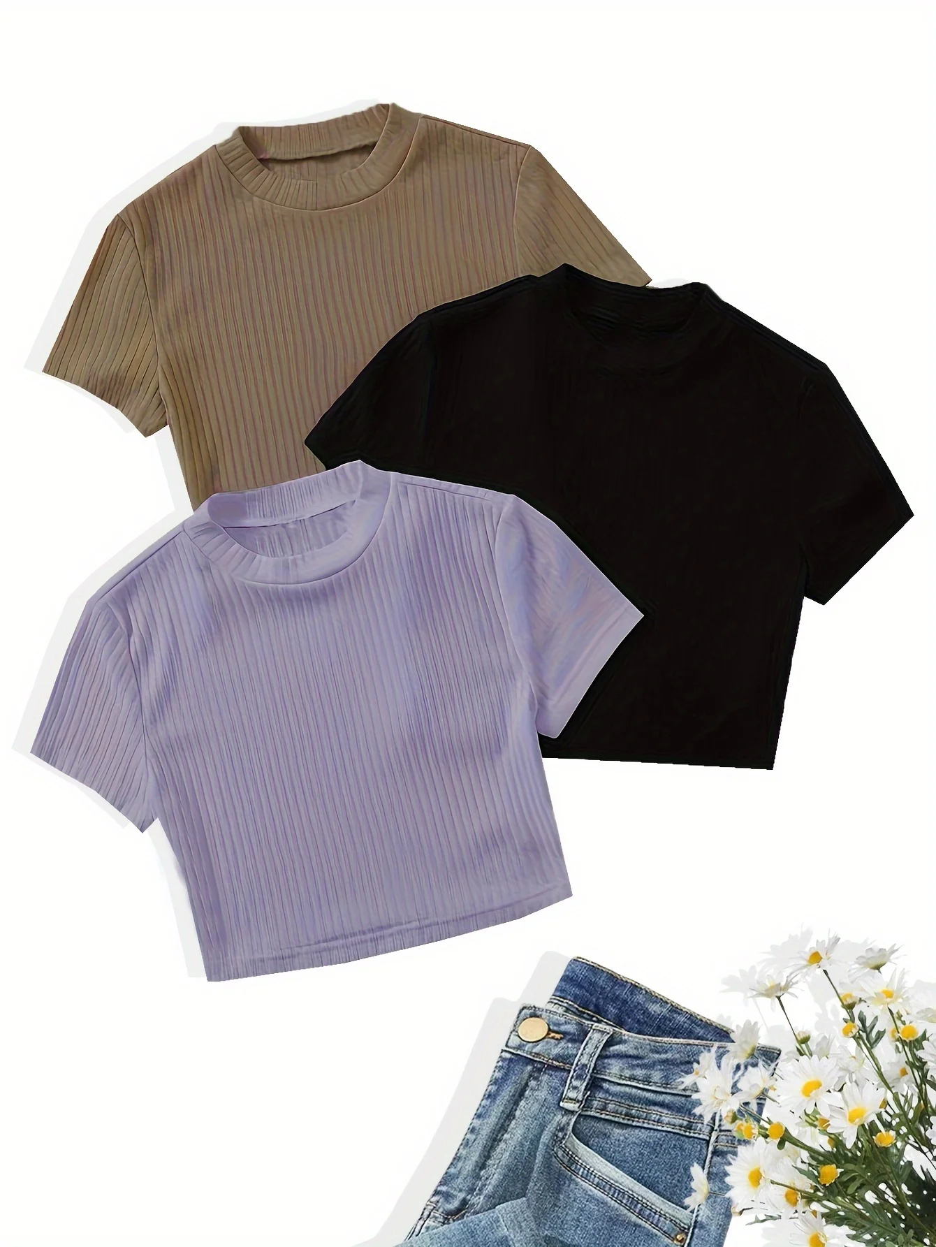 

Summer solid color new versatile knitted striped T-shirt three-piece set