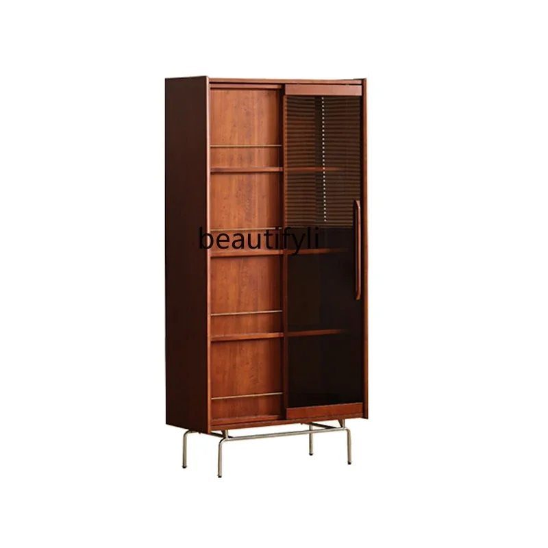 

Nordic Solid Wood Retro Domestic Glass Door Bookshelf Display Cabinet Study Magazine Storage Narrow Cabinet