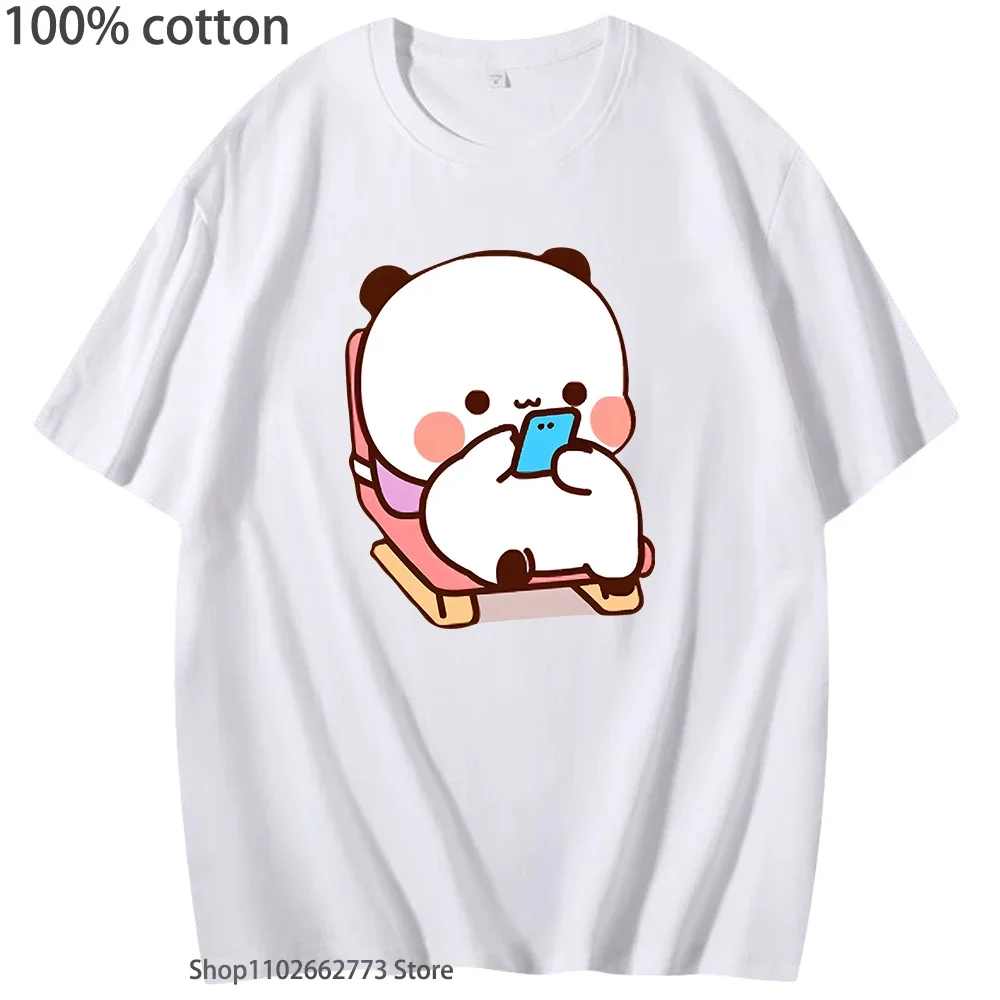 Cute Lying Bubu Is Playing Smartphone Graphic T-Shirts Panda Bear Shirts Kawaii Funny Women Men Clothing 100% Cotton Tees O-Neck