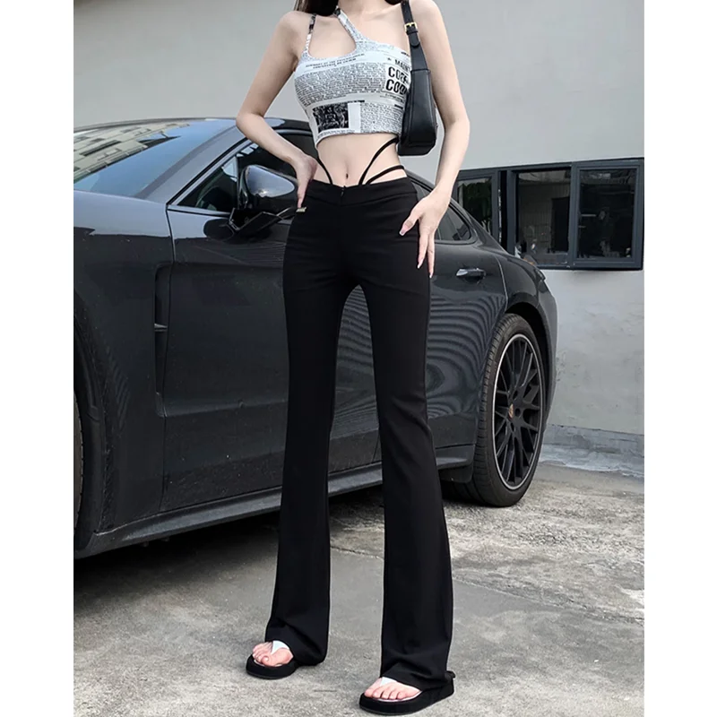 

Black High Waist Rope Elastic Waist Autumn Bottoms Korean Fashion Leisure Vintage Women's Clothing Straight Tight Flare Trouser