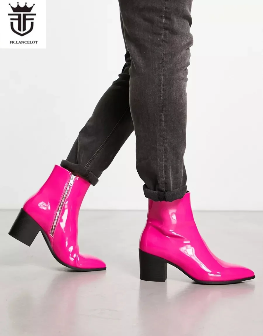 

2024 Fashion Hot Pink Patent Leather men Boots Men Shinny leather Booties men's mujer botas Side Metal Zip Party Wedding shoes