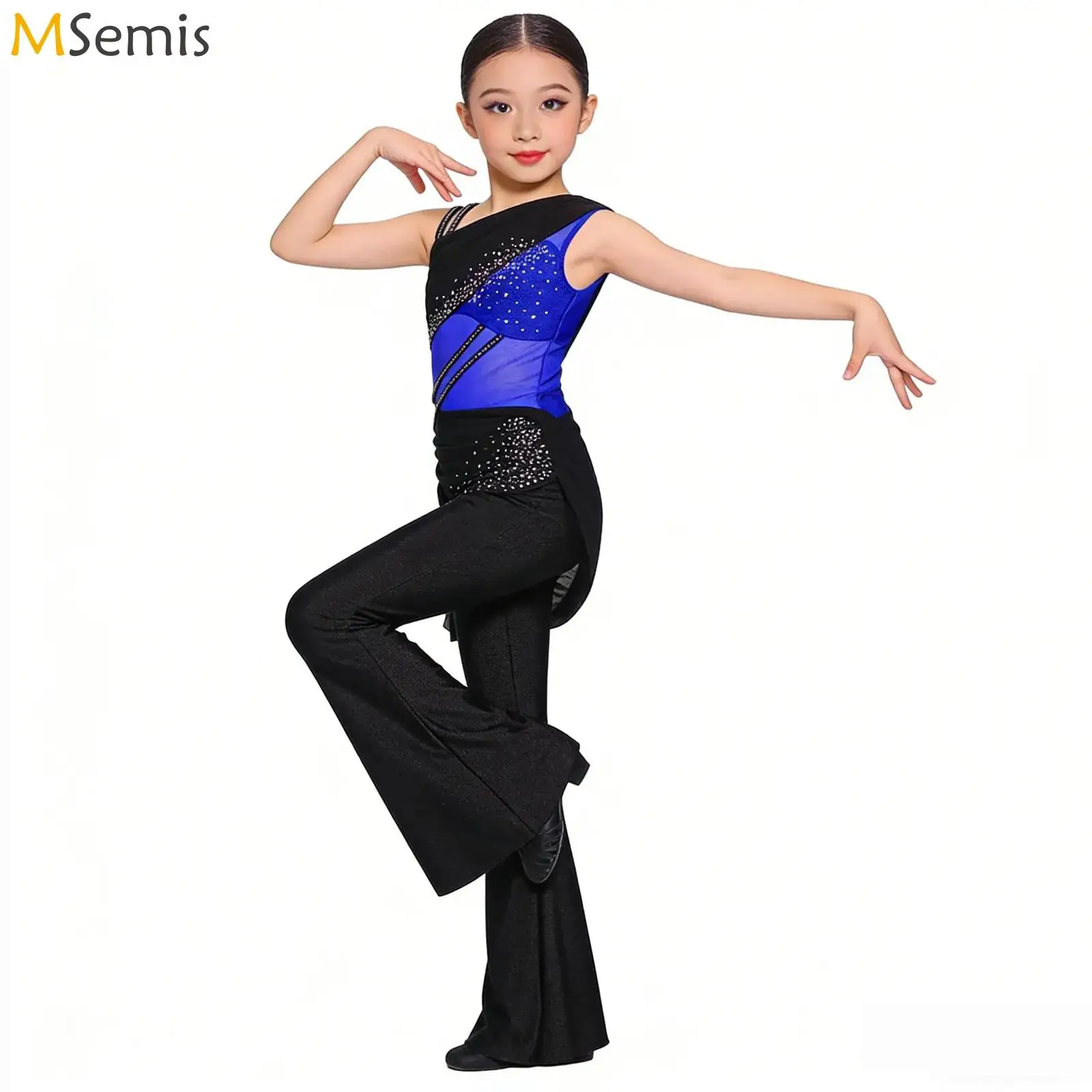 

Детский танцевальный комбинезон для девочек с блестками и стразами, боди-юнитард для балета и джаза, с драпировкой и расклешенными штанинами, для выступлений