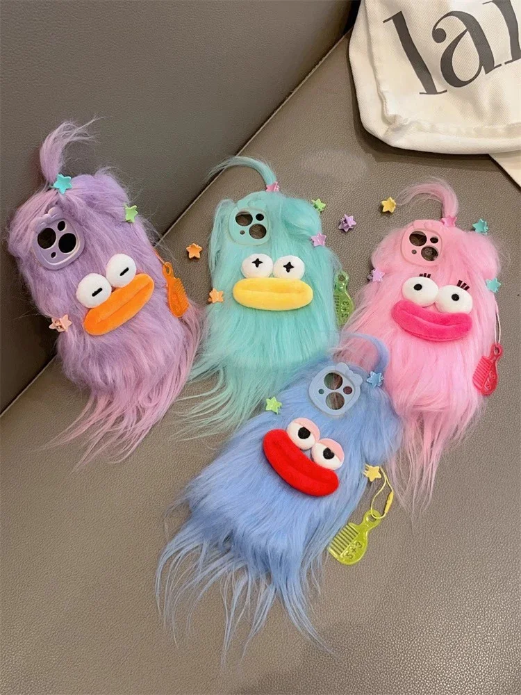 3D Korean Funny Fluffy Plush Monster Case For iPhone 15 Pro Max Case 14 Plus 13 12 11 Cute Girl Winter Warm Cover Fur Soft Coque