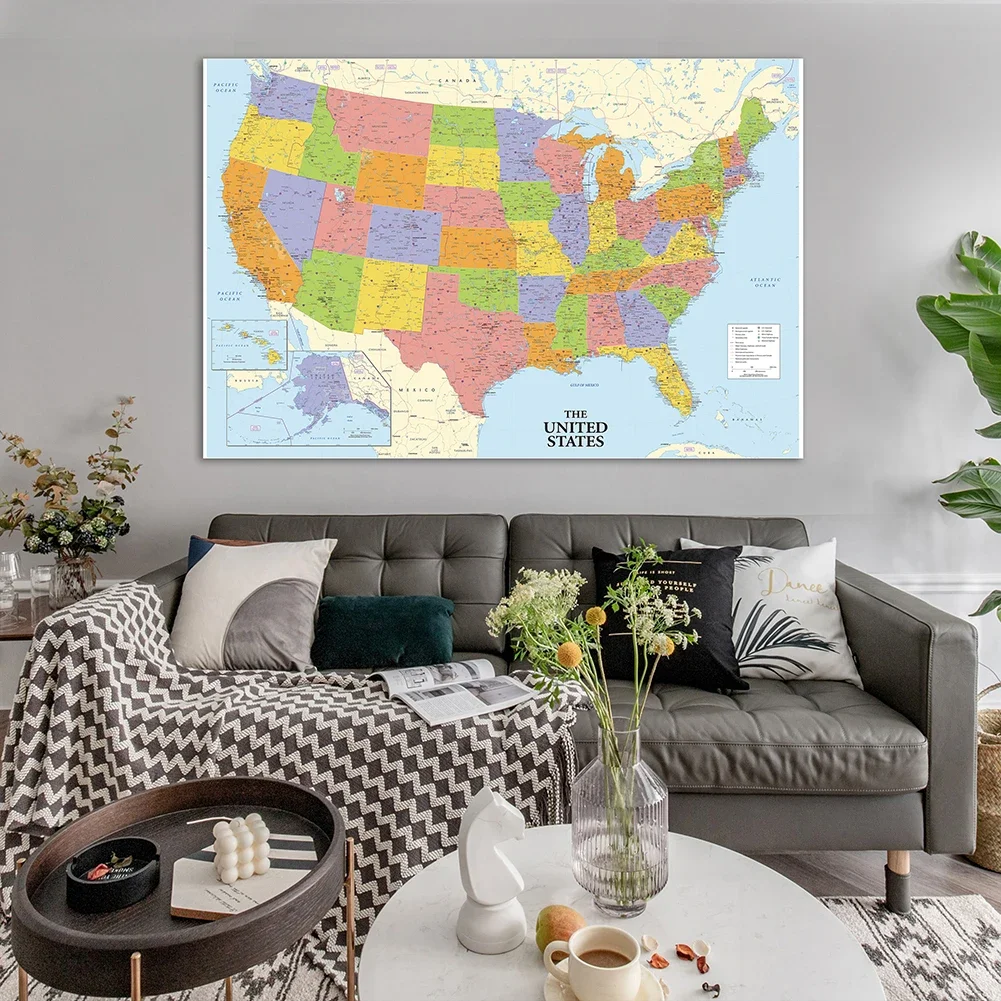 The United State Map Decorative Hanging Picture Print Non-woven Canvas Painting Home Decoration School Teaching Supplies100*70cm