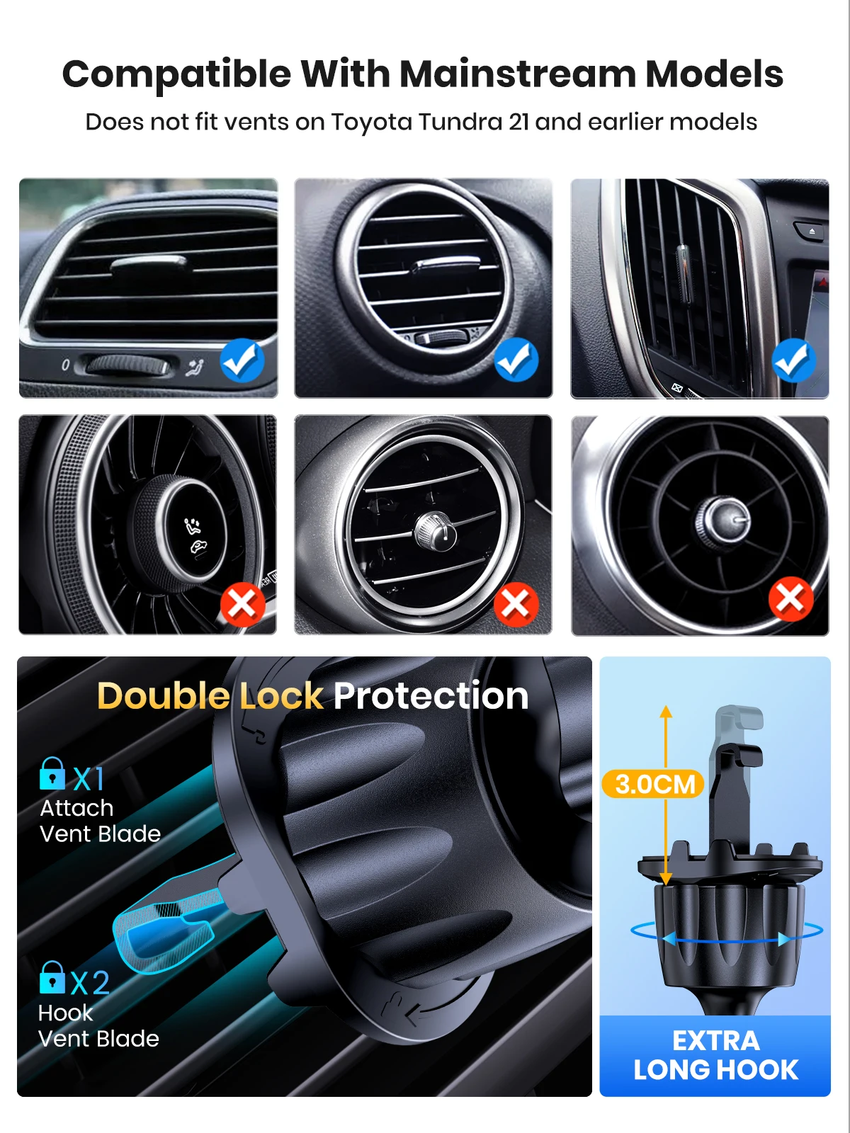 TOPK Supporto universale per telefono da auto con clip a gancio Supporto per presa d'aria per auto 360 °   Supporto universale per telefono cellulare con rotazione per cellulare