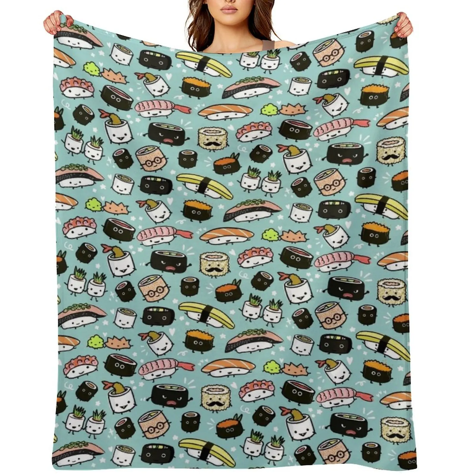 

Cute Sushi Pattern | Kawaii Sushi Characters Throw Blanket Plaid on the sofa Kid'S Sofa Winter beds Blankets