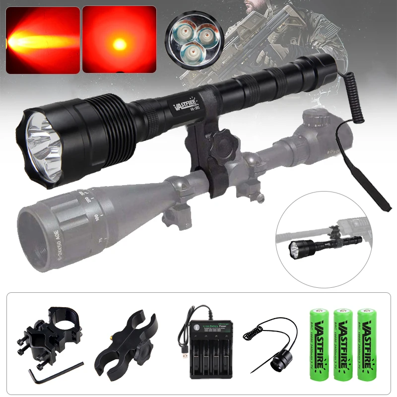 Tactical Red Beam Flashlight 3x R5 LED Torch Powerful Night Hunting Light with Rifle Scope Mount Power by 3*18650 Battery