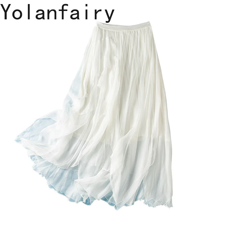 YOLANFAIRY 100% Real Mulberry Silk Skirts Woman Clothing Summer 2026 Elastic Waist White Skirt Irregular Elegant Beach Skirt