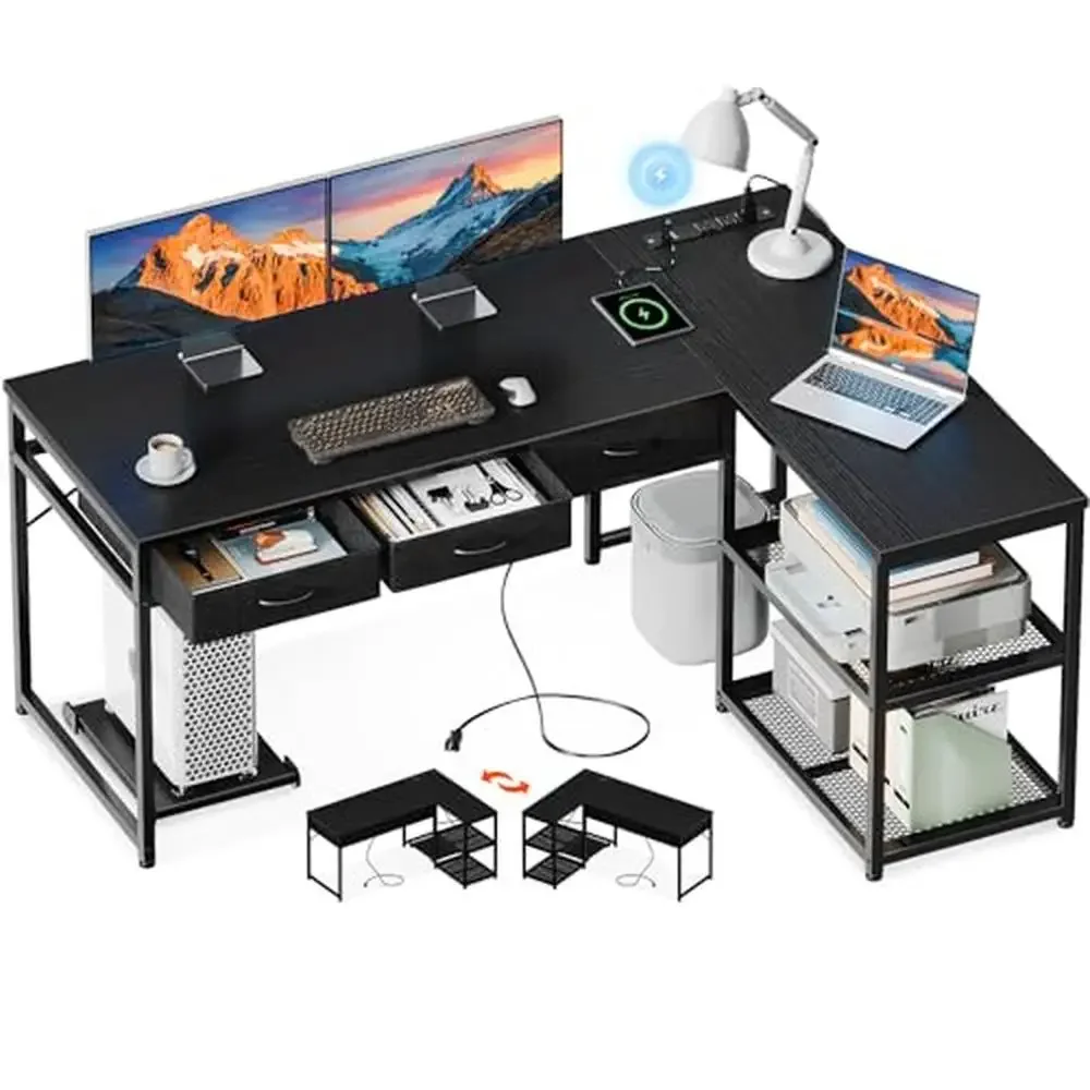 L Shaped Computer Desk with Drawers Power Outlets Storage Shelves CPU Stand Home Office Modern Durable Constructed Alloy Steel