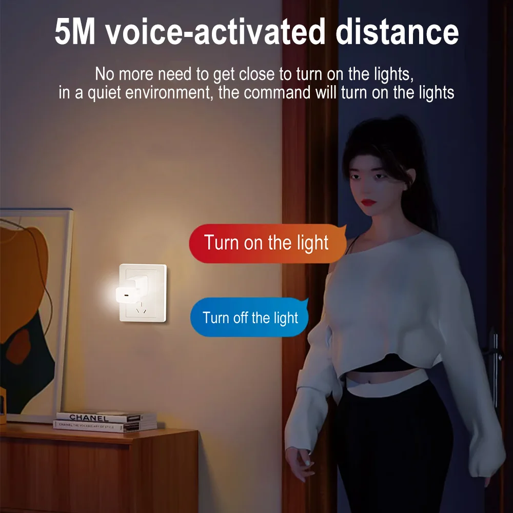 BORUIT Luz nocturna inteligente USB-C Plug in Luz nocturna Control de voz Selección de brillo Mesita de noche Dormitorio