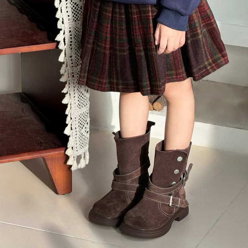 Fashion Baby Girl Retro Solid Short Boots Infant Toddler Child Spring Autumn Winter Mid-calf Platform Shoes Foldable Baby Shoes