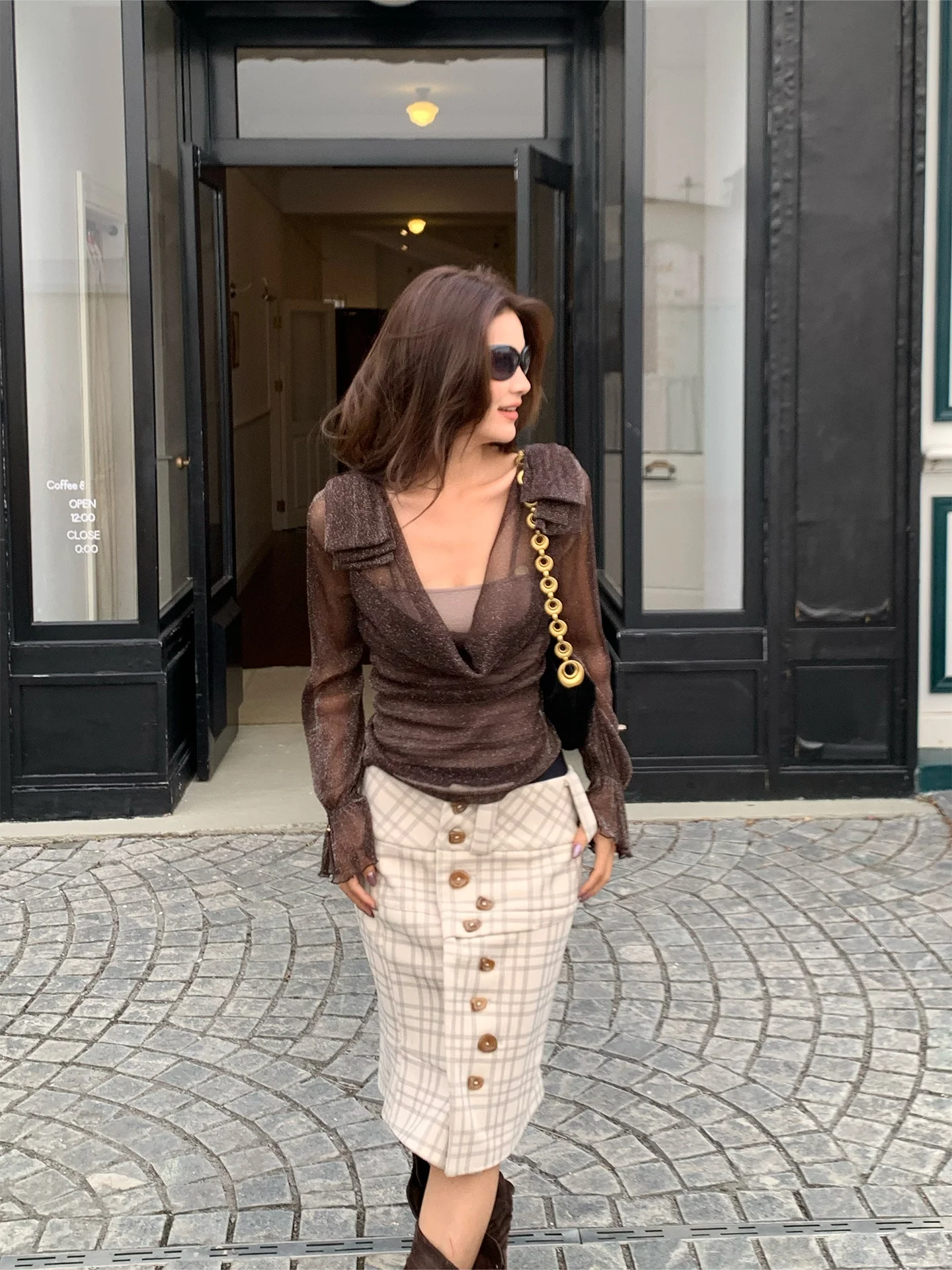 

Spring Design V-ne Sequin Me Women's Slim Fit Long Sve Chiffon irt Two-piece Set Faionable Retro Sle Nylon Fabric