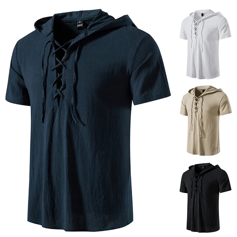 The Latest 3-color Men's Short-sleeved Hooded Shirt Cotton Beach Drawstring Neckline Handsome Casual Summer Hooded T-shirt