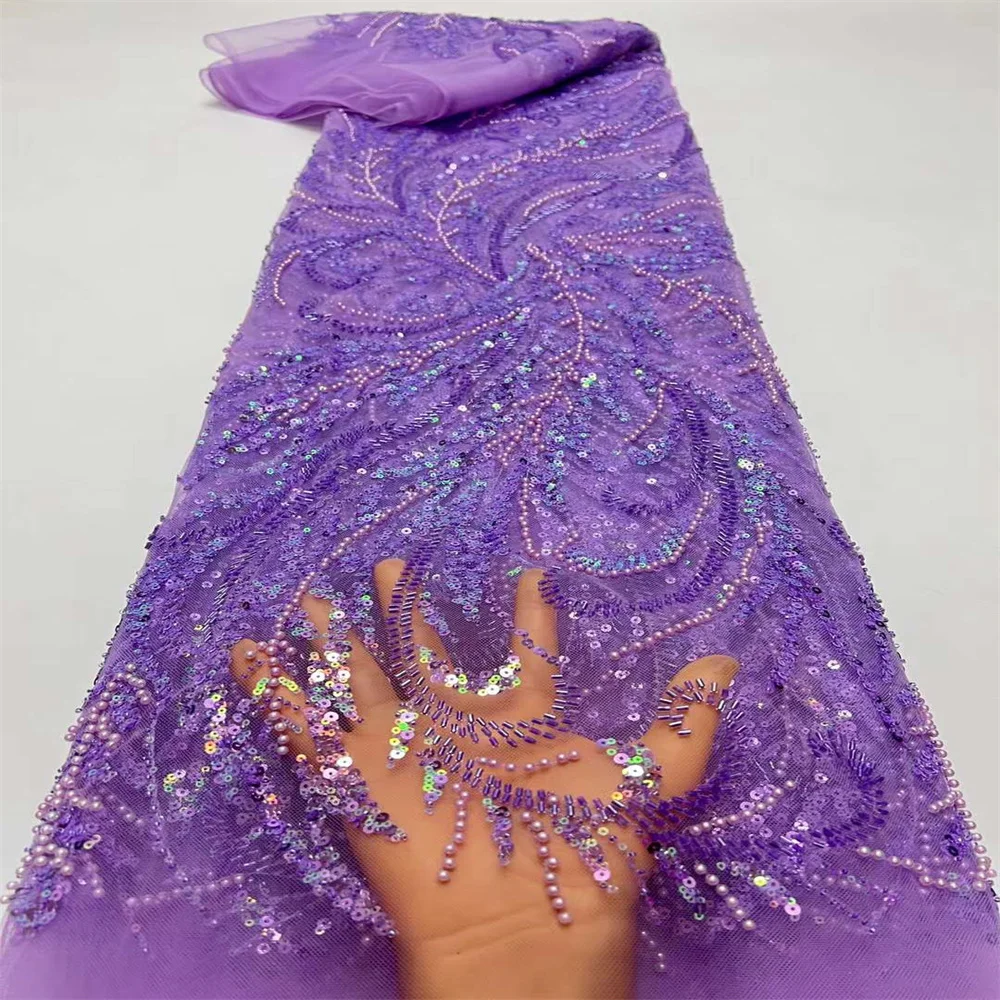 

New Design Luxury French African Handmade Beads Tulle lace Latest Embroidery Sequins Mesh Lace Nigeria Fabric For Wedding HX3004