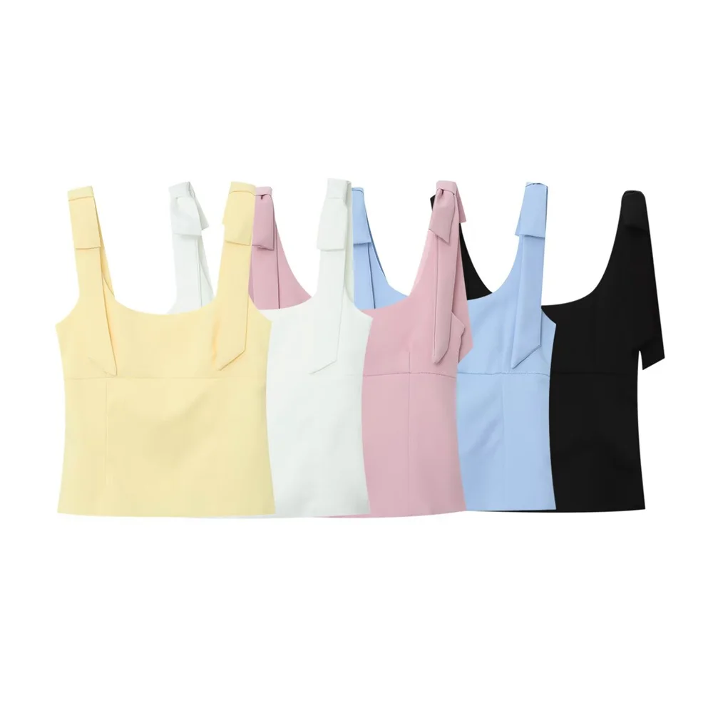 

Taop&Za summer new women's clothing simple style square neck slim fit design bow decoration short tank top
