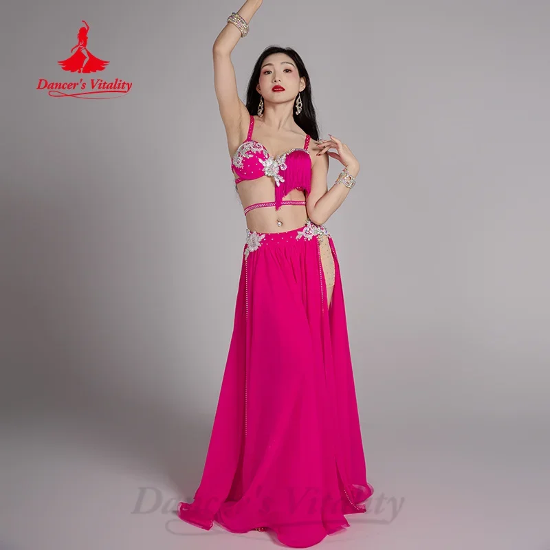 Belly Dancing Clothing for Women Customized AB Stones Tassel Bra+Sexy Chiffon Long Skirt 2pcs Belly Dancer Performance Outfit