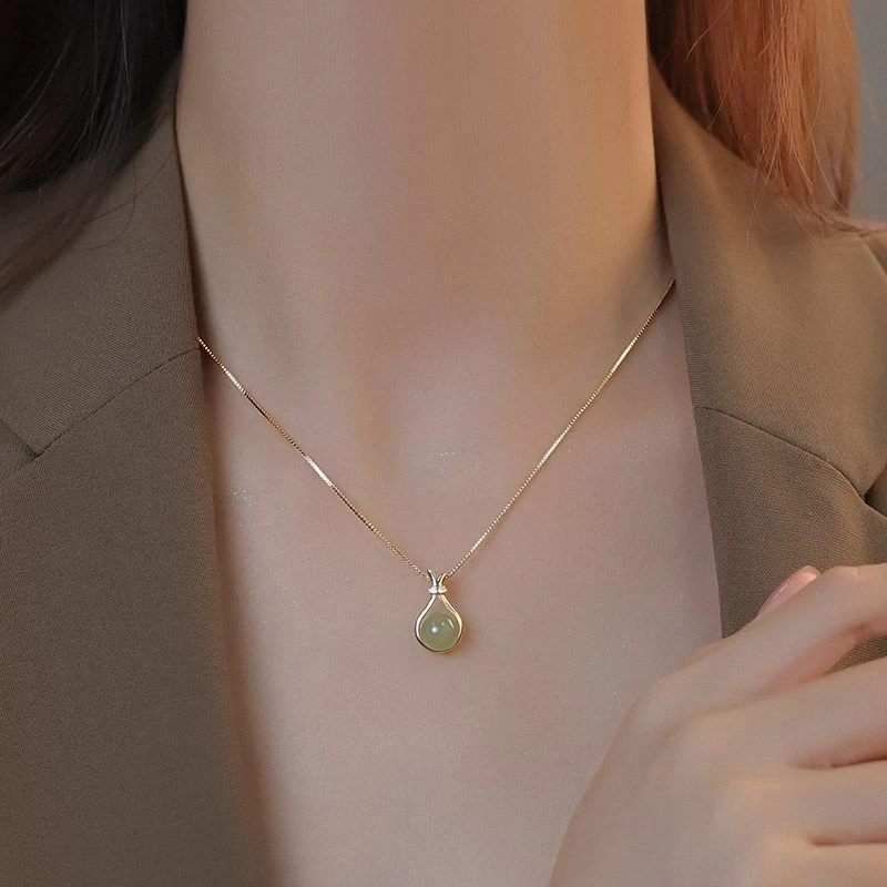 Trendy Glück Perle Halskette Tasche Anhänger Für Frauen Halskette Glänzende Strass Intarsien Grün Achat Schmuck Zubehör Geschenk – Detail 3