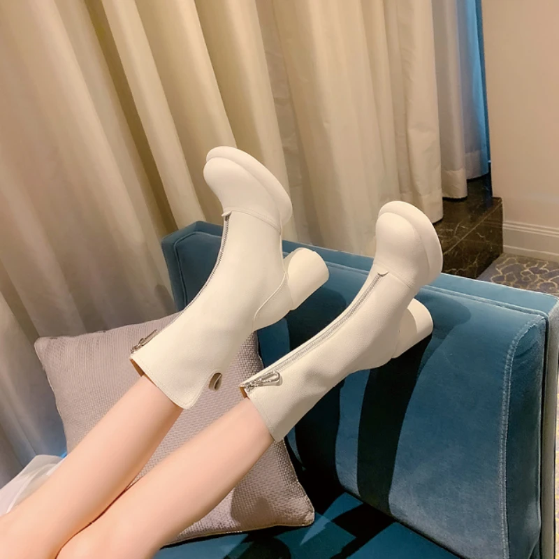 الخريف والشتاء أزياء جديدة دافئة بلون مثير جولة تو الجانب سستة مريحة كعب سميك أنيقة المرأة أحذية قصيرة #3