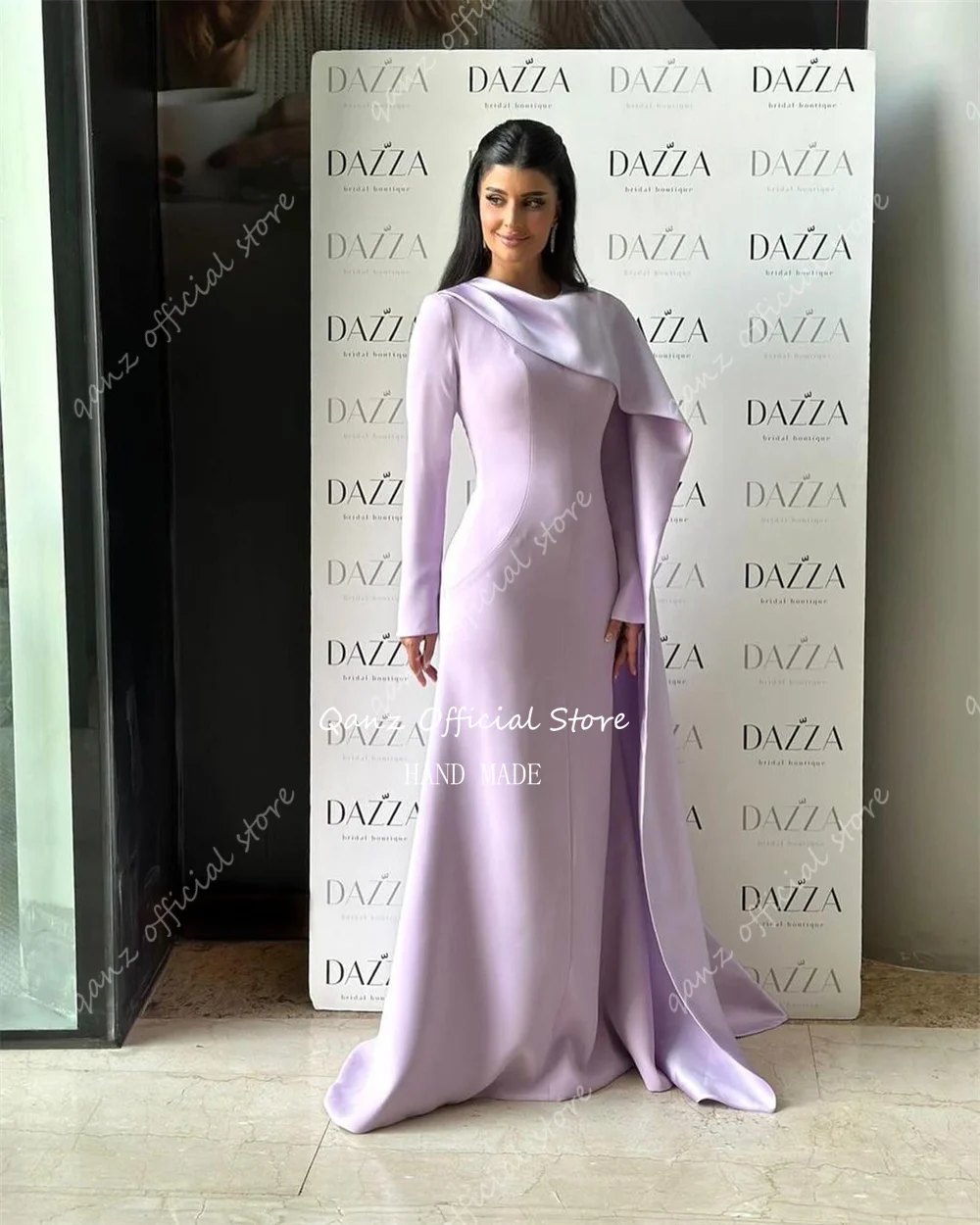 Qanz Lilac Elegant Evening Dress Long Sleeves With Cape Satin Saudi Arabia Formal Ocassion Dresses Customized Vestidos De Festa