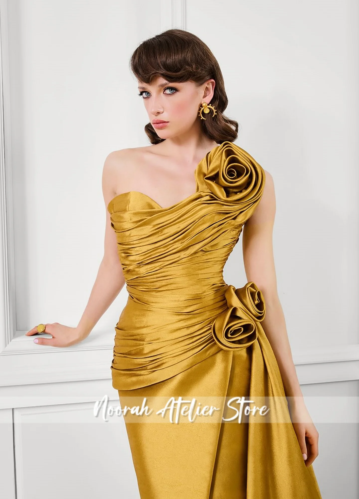 New Yellow One Shoulder Peplum Satin Flower Luxury High Quality Women Slit Evening Dress 2025 Wedding Long Party Gown Customized