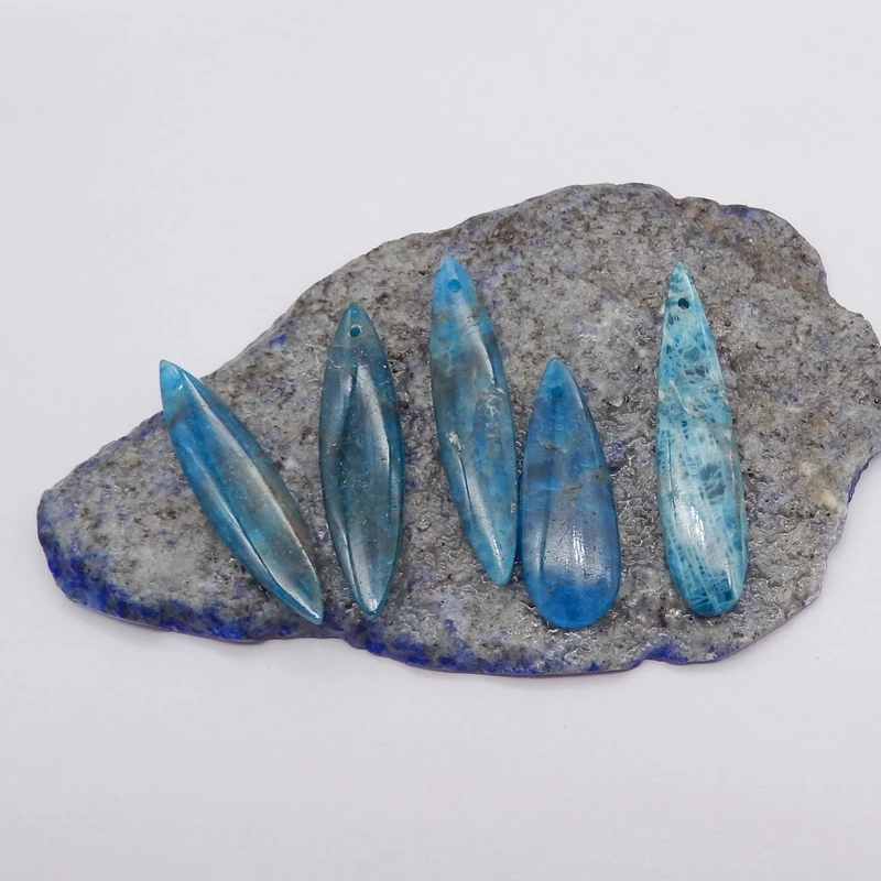 Natural Stone Blue Apatite Crystal Pendants, Gemstone, Jewelry Making, DIY Necklace, 40x9x4mm, 13g, 5Pcs