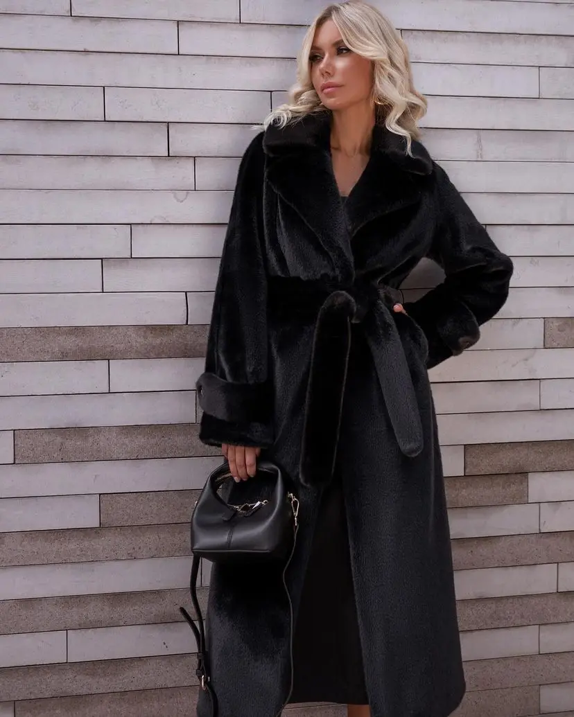 2024 winter imitation rabbit fur women's elongated knee-length imitation fur jacket thickened and warm plush temperament fluffy