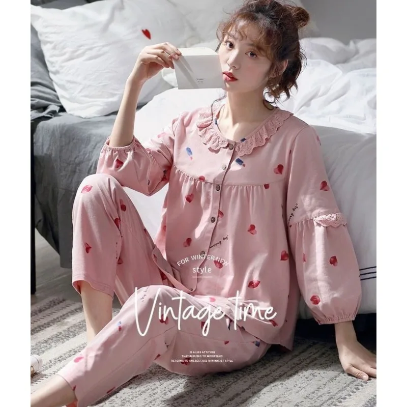 2023 New Pajama Women Spring Autumn Cotton Round Neck Pullover Thin Long Sleeve Summer Cotton Loose Home Wear