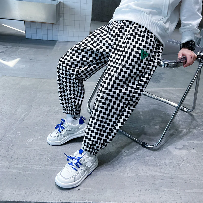 Plaid Pants Children Casual Loose Leg Trousers With Pocket Boy Trousers Streetwear