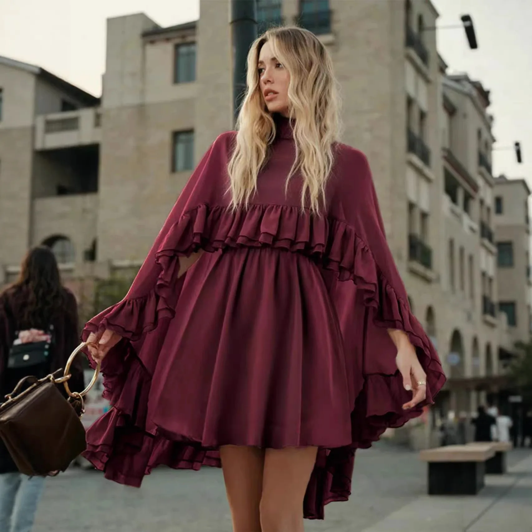 Nagodo Zomer Chiffon Elegante Jurk Met Volants Rand Mouwloos Hemdje Bruin Bordeaux Tweedelige Set Mid Jurken Dames Feestjurk