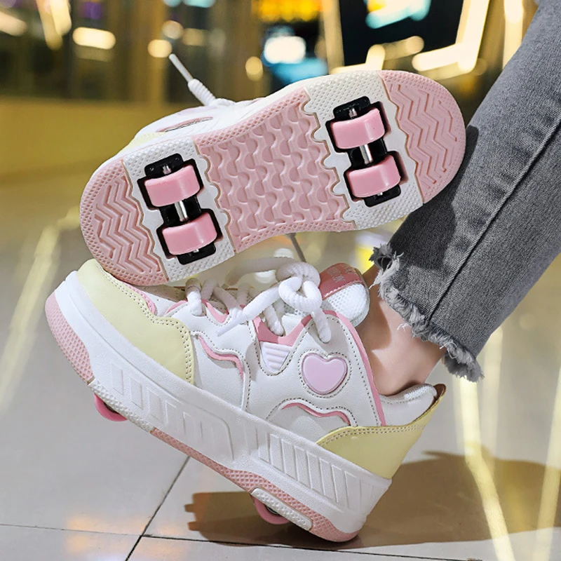 

Lace-up Breathable Walking Shoes Kids Girls New Four wheeled Detachable Casual Roller Skates for Children Students Outdoor Sport