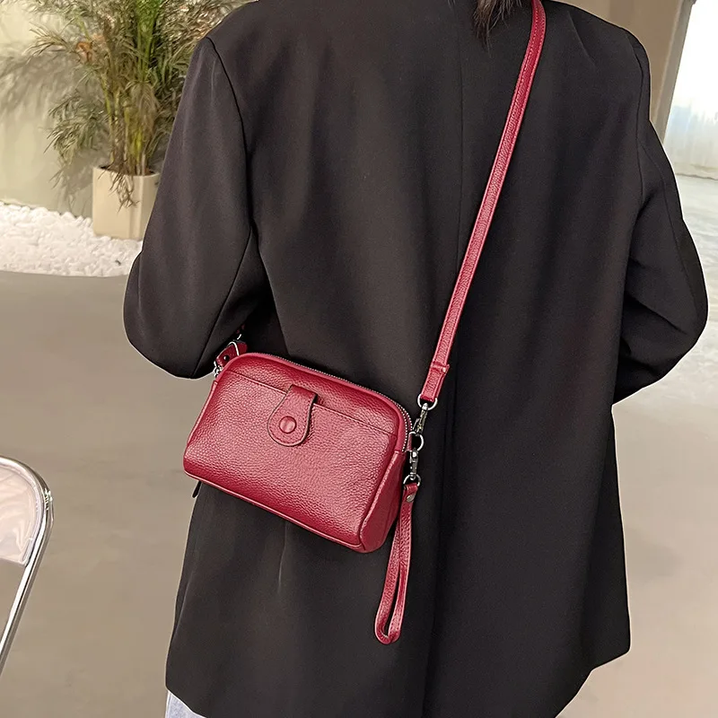 Petit sac à main décontracté en cuir véritable pour femme, sac de téléphone multifonctionnel à la mode, poche à double fermeture éclair,