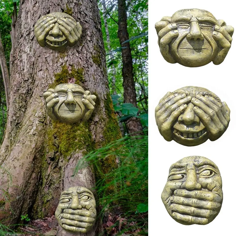 Funny Resin Garden Tree Decoration Don't look Don't listen Ugly Face Figurine Outdoor Ornaments Don't say Tree Face Statues