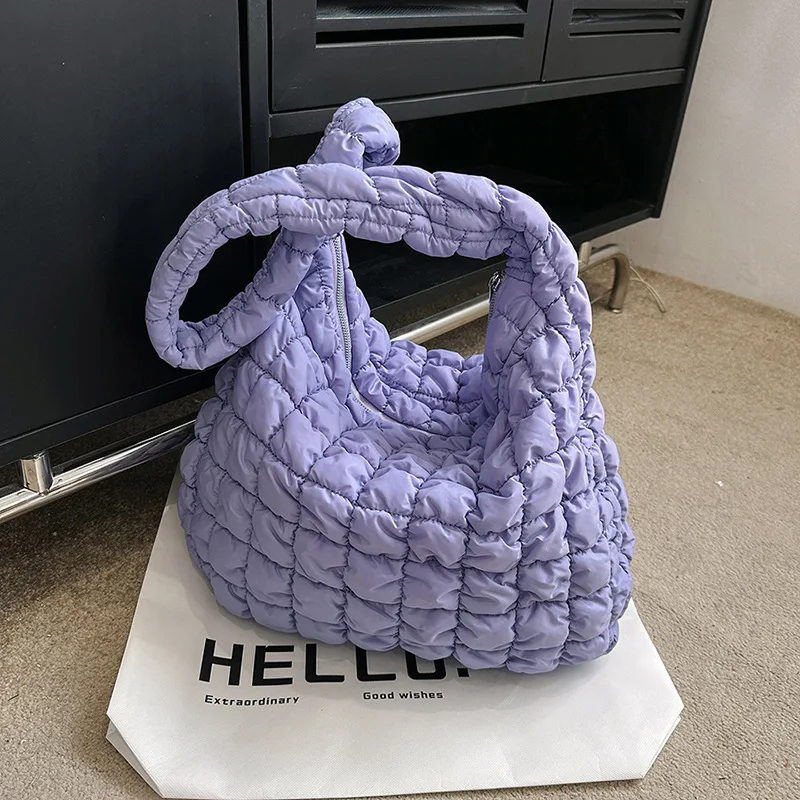 Girl Casual Large Capacity Tote Shoulder Bags Designer Ruched Handbag Luxury Nylon Quilted Padded Crossbody Bag Female Big Purse