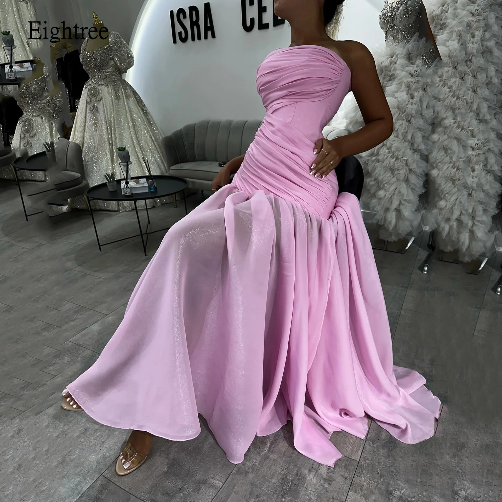 

Eightree Pink Strapless Pleated A Line Prom Gowns Backless Evening Dress Shiny Floor Length Party Dresses 2025 Customized