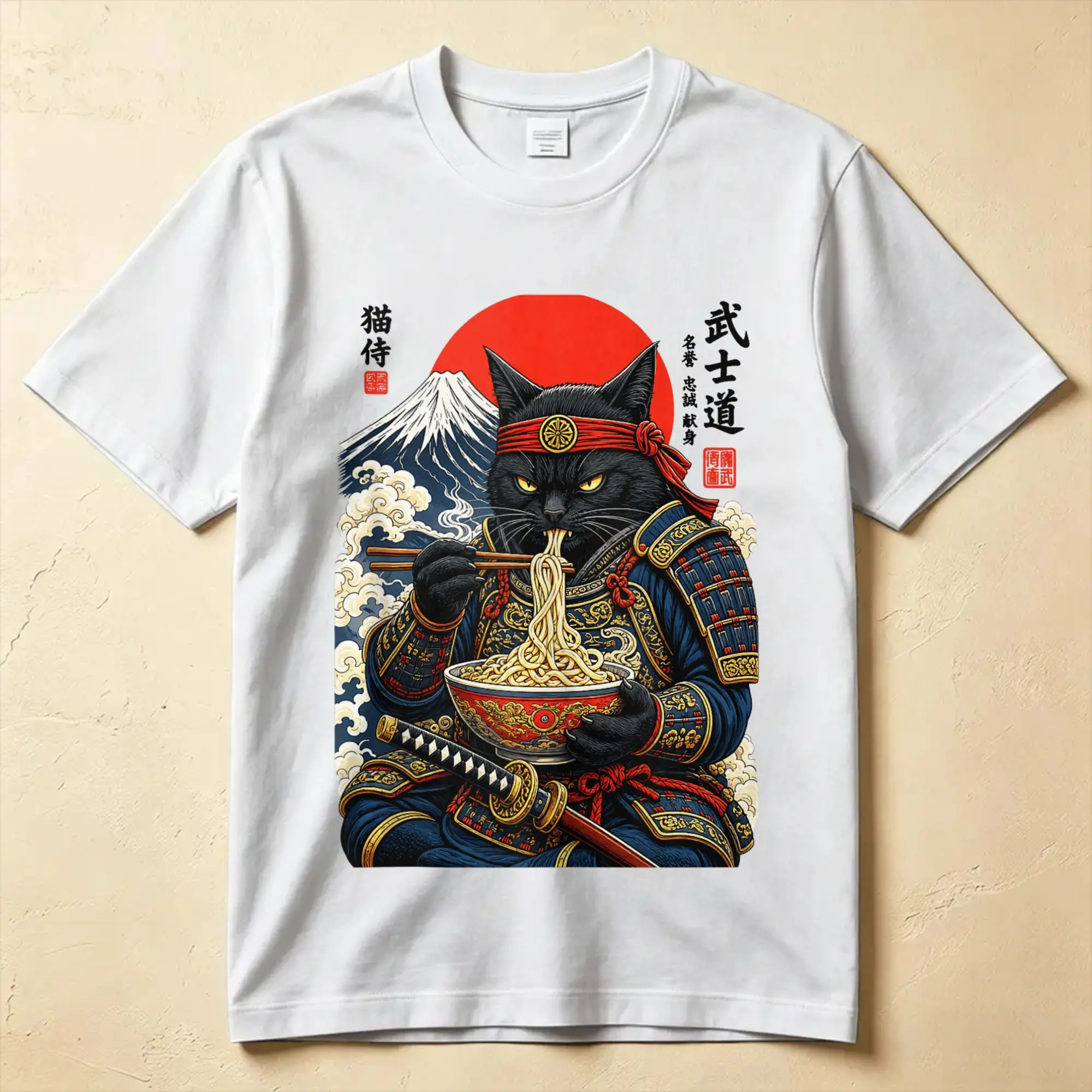 Übergroßes T-Shirt Schwarze Katze Samurai Isst Ramen Lustiges Japanisches Katzenkrieger Baumwoll-T-Shirt Freizeit-T-Shirt für Herren – Detail 5