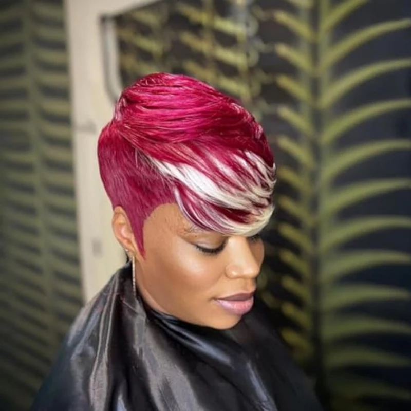 Short Layered 6 Inch Pixie Cut Wig Daily Machine Made Human Hair Wigs Burgundy Mix Blonde Highlight Ready To Wear For Women