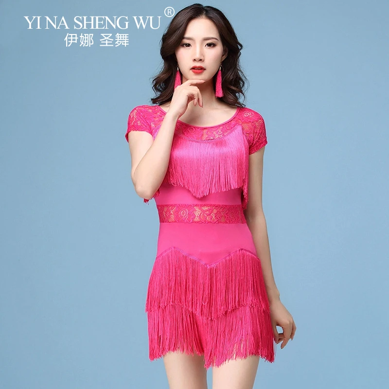 Latin Dans Jurk Vrouwen Sexy Mesh Splicing Kwastje Korte Jurk Volwassen Ballroom/Tango/Salsa/Rumba Concurrentie Prestaties kostuum