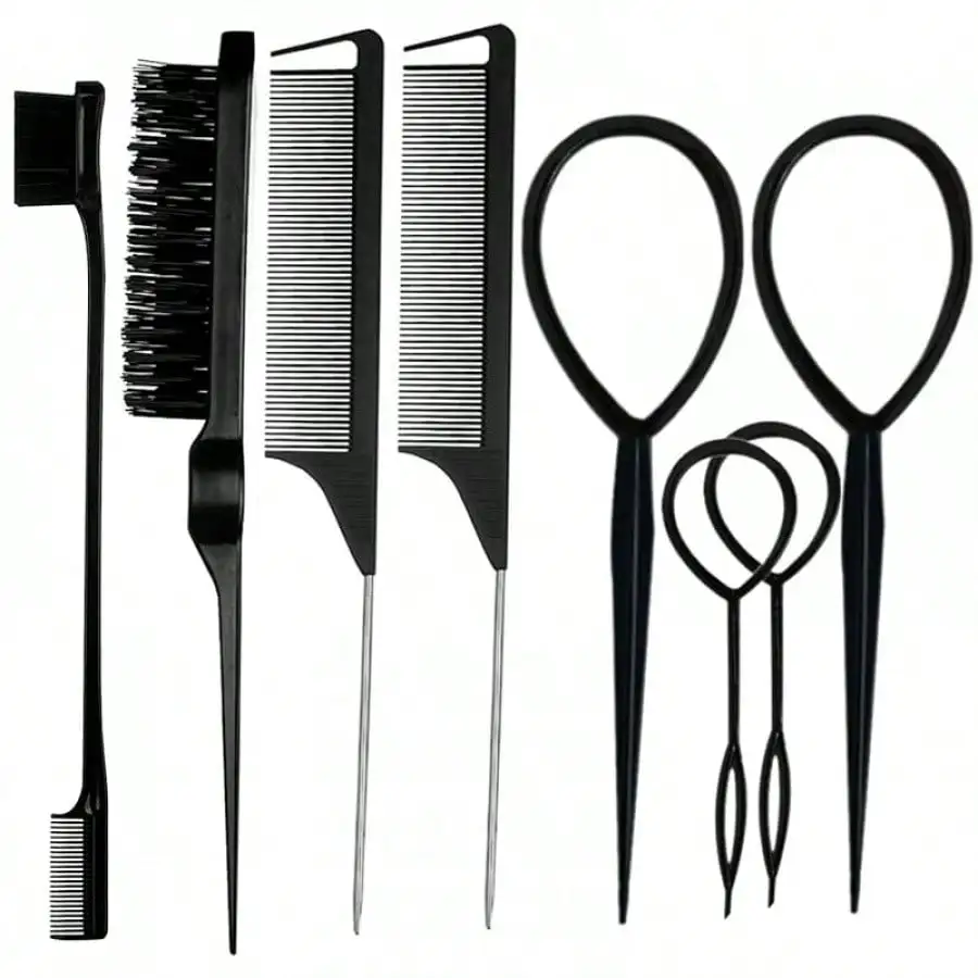 

8Pcs Hair Brushes Set With 4Pcs Topsy Hair Tail Tools 1Pcs Bristle Teasing Hair Brush 1Pcs Control Brush 2Pcs Metal Pin Rat Tail Combs Woman Girl Hair Styling,&Back Brushing,Pink
