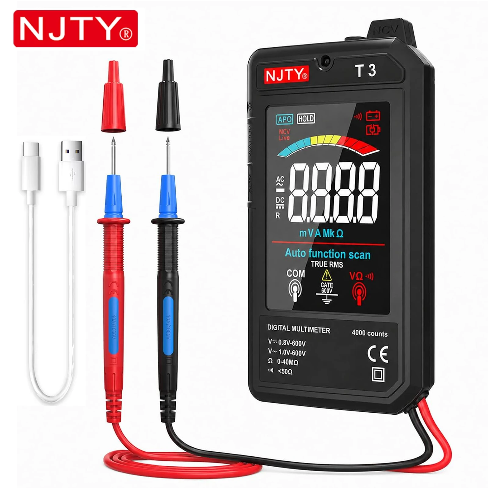 Upgrade T3 Digital Multimeter 4000 Counts True RMS Auto-Ranging AC DC Voltage Resistance Continuity NCV TypeC Rechargeable Meter