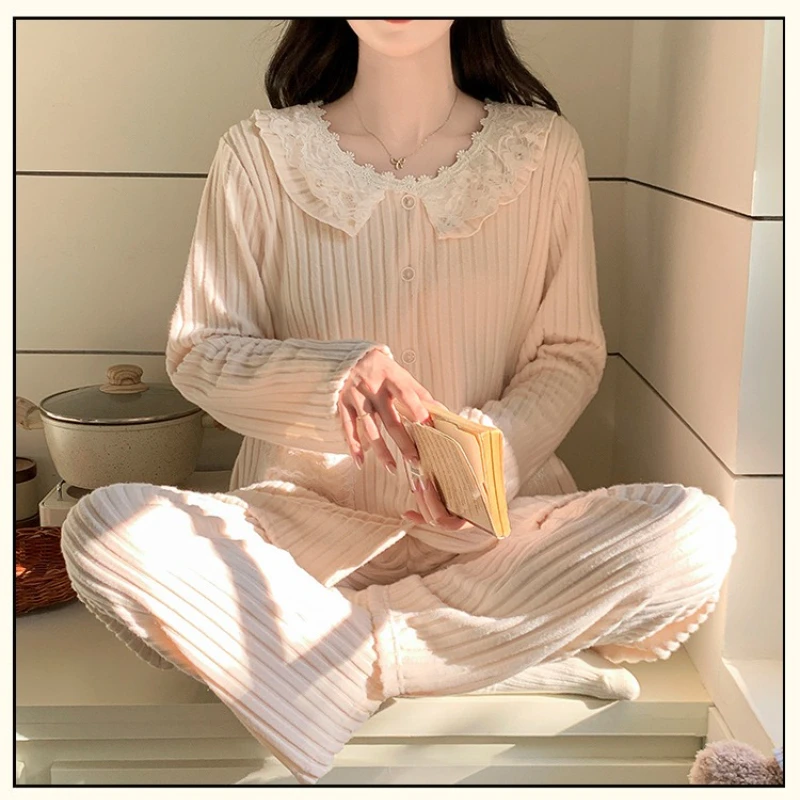 

Кашемировый пижамный комплект с подушечками на груди, женская осенне-зимняя одежда для дома, корейская кружевная вязаная домашняя одежда, утолщенная теплая одежда для сна