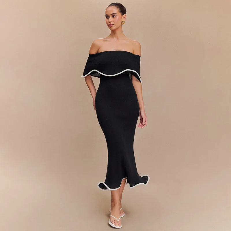 French Sexy Women Linen Suspender Long Dress Fashion Women Black Patchwork Slip Off Shoulder Dresses Pleated Loose Contrast