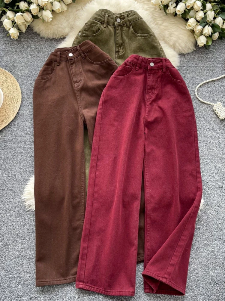 

Hong Kong style casual versatile jeans women autumn and winter retro loose high waisted wide leg slimming straight leg pants