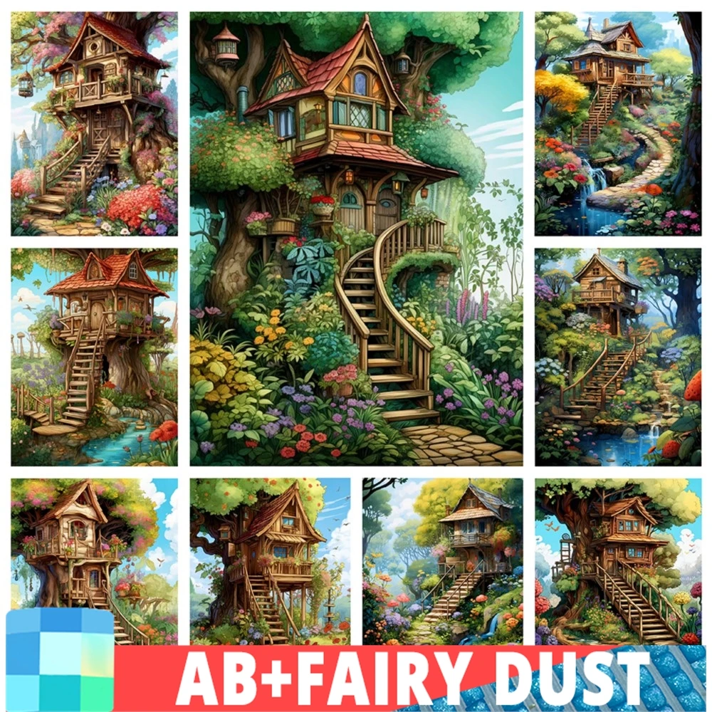 페어리 더스트 AB 풍경 5d 다이아몬드 페인팅 트리 하우스, 조경 DIY 크로스 스티치 키트, 홈 장식, 라인석 모자이크 자수 선물