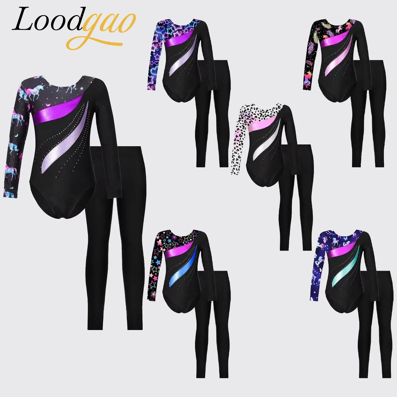 

Girls Long Sleeve Shiny Rhinestones Ballet Leotard with Leggings Kids Dancewear Sets Children's Printed Gymnastics Jumpsuit