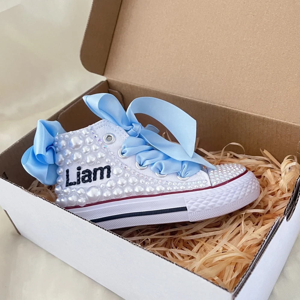 Dollbling Handmade Kids Shoes Any Name Photo Custom Design Blue Wedding Birthday Party Canvas Personalized White Pearls Sneakers