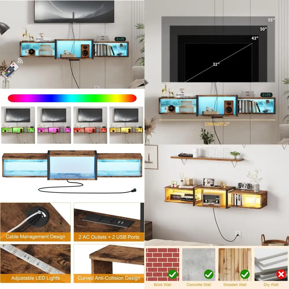 

Современная коричневая деревянная плавающая подставка для телевизора со светодиодной подсветкой, USB-портами и розетками, настенная полка для носителей для гостиной и спальни,