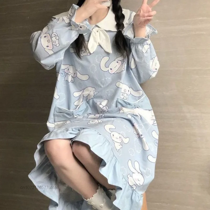 Sanrio Cinnamoroll Kawaii Loose Y2k Woman Dress Spring Autumn Sweet Cartoon Oversize Pijamas Korean Style Sleepdress Clothes