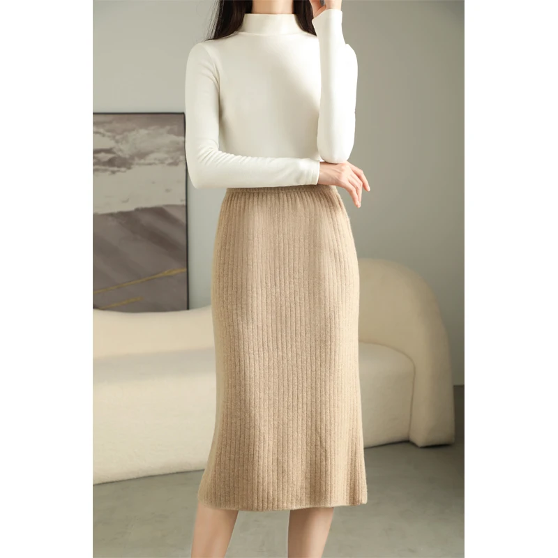 

DjzDsm Women Wool Skirt Straight Pleated Knee Length Skirt Autumn Winter Office Lady Cashmere Skirt 100% Merino Wool Knitwear