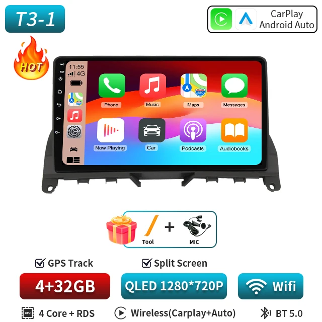 9 "Android 16 Carplay Auto Voor Mercedes Benz C Klasse 3 W204 S204 2006 2007 2008 2009 - 2011 multimedia Stereo Speler GPS WIFI 5G