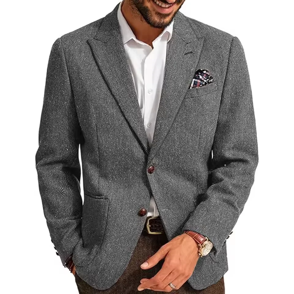 

Men's Herringbone Tweed Blazer Vintage Slim Fit Single Breasted Notch Lapel Suit Jacket Casual Business Sport Coats
